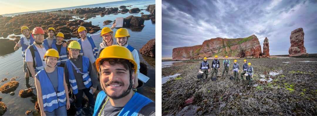 Two group photos while on expedition in the "Felswatt" - they are wearing high-visibility vests and helmets